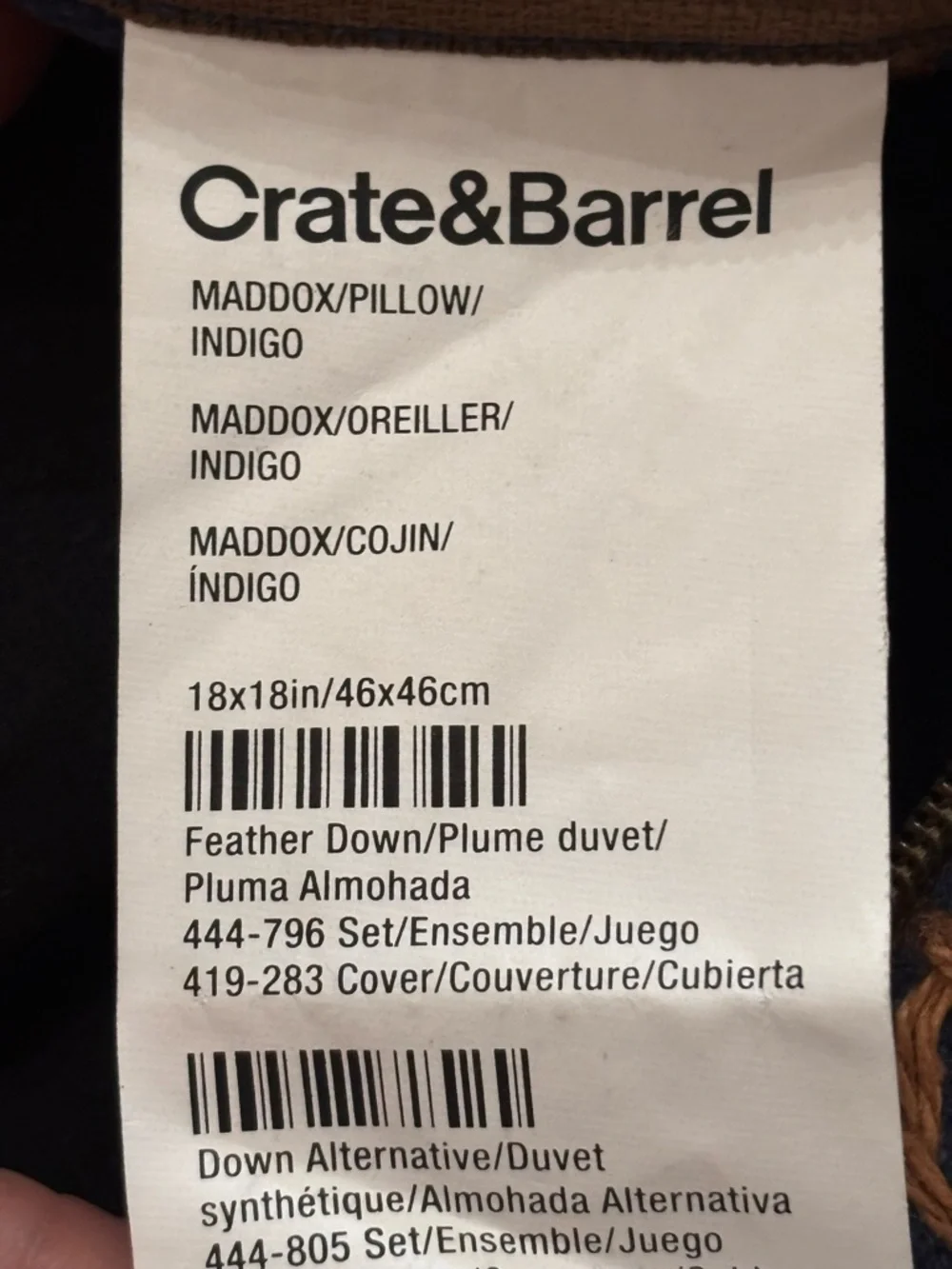 CRATE & BARREL Indigo Blue MADDOX Pillow Cover Textured Embroidered 18” X 18”